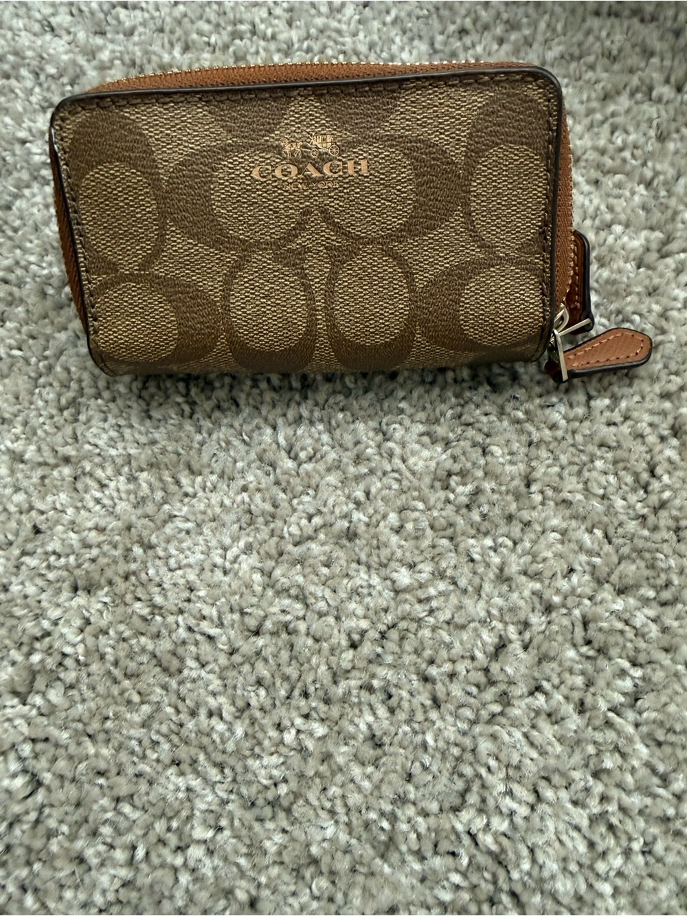 Coach Brown Signature Zip Wallet with Tan Trim